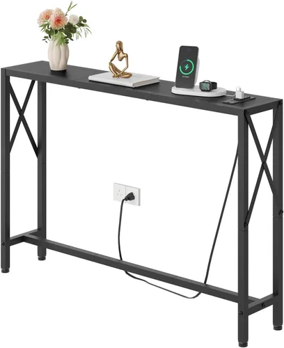 Gewudraw Mesa consola de 41.7 pulgadas con tomacorriente, mesa estrecha detrás del sofá, diseño industrial delgado para pasillo, entrada, sala de