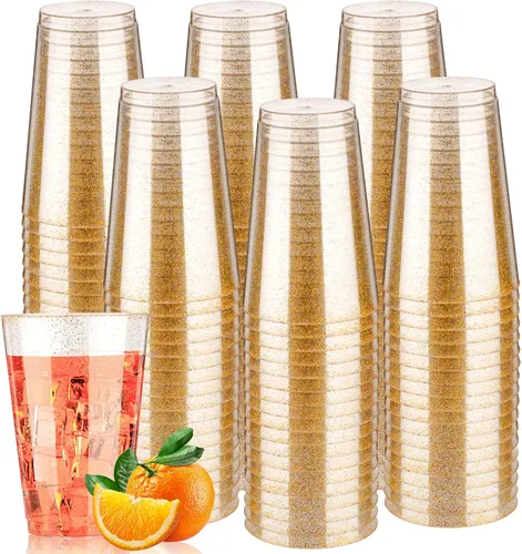 Miniatura 7 de Goodluck 100 vasos de plástico con purpurina dorada de 9 onzas, vasos desechables con purpurina, elegantes vasos de cóctel de plástico, vasos