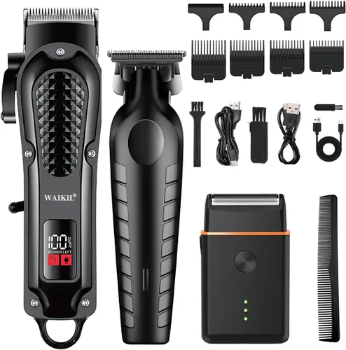 WAIKIL Cortadora de pelo inalámbrica para hombres, juego de peluquero profesional con recortadora T Outliner y afeitadora de aluminio, pantalla LCD,