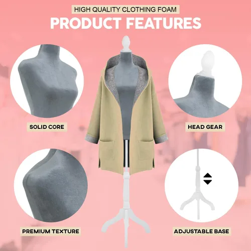 Miniatura 3 de Maniquí de torso maniquí con soporte para maniquíes de altura ajustable, cuerpo femenino, muestra mujeres para coser trípode de madera, base