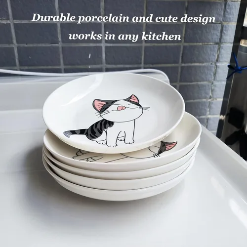 Miniatura 7 de Juego de 5 platos de cerámica con bonito diseño de gato, platos llanos grandes de porcelana para ensalada de postre de 7.28 pulgadas, platos