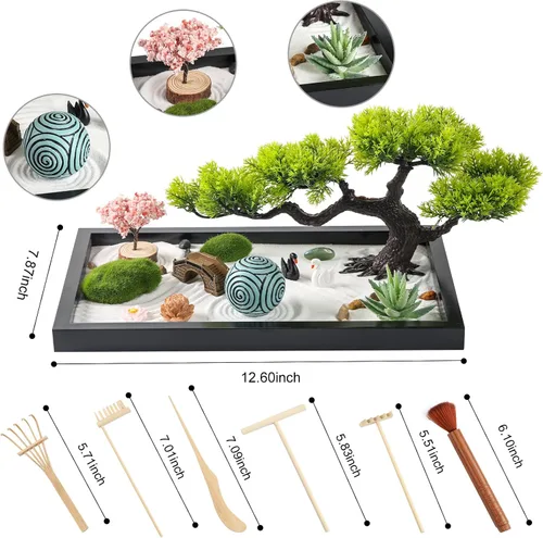 Miniatura 2 de Kit de jardín Zen para decoración de escritorio - Juego de caja de jardín Zen de arena mini japonés premium hermoso para el hogar, oficina