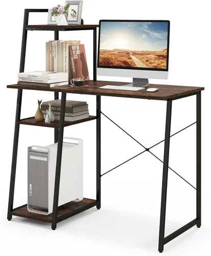 COSTWAY Escritorio para computadora con estantes de almacenamiento de 4 niveles, mesa de escritorio de oficina en casa con marco resistente en forma