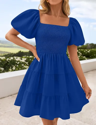 Miniatura 8 de ZESICA Mini vestido corto de verano bohemio 2025 con cuello cuadrado, manga abombada, hombros descubiertos, fruncido, escalonado, casual