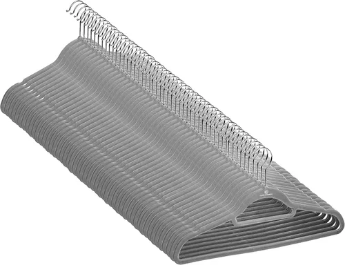 Paquete de 50 perchas de terciopelo resistentes que incluyen barra de amarre, muescas y gancho cromado de 360° (gris)