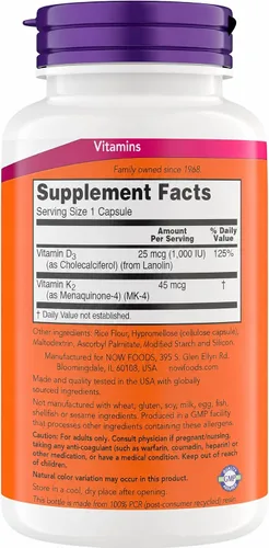 Miniatura 2 de NOW Supplements Vitamina D3 K2, 1,000 IU/45 mcg, Apoyo Cardiovascular, Apoya la Salud Ósea, 180 Cápsulas Vegetarianas - Veganas, Sin Gluten, Kosher