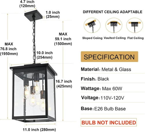 Miniatura 63 de TODOLUZ Lámpara Colgante de Exterior de 3 Luces Negra, Linterna Colgante Exterior Ajustable Luz de Porche