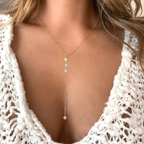 Miniatura 2 de Tewiky Lariat Collar para mujer, delicados collares largos chapados en oro de 14 quilates, corazón y perlas de circonita cúbica, collar con colgante