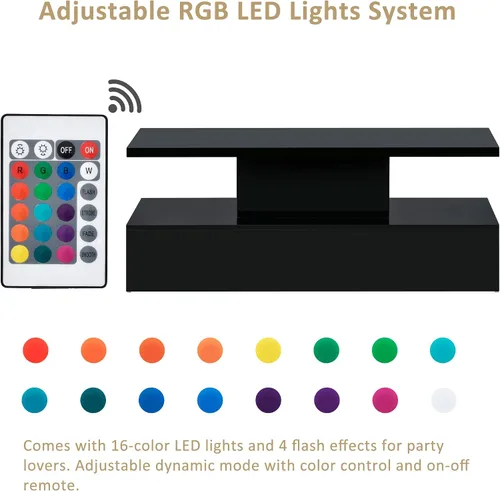 Miniatura 6 de Quarte Mesa de centro de estilo moderno de 2 niveles con iluminación LED de 16 colores, mesa de cóctel con control remoto y gran lugar