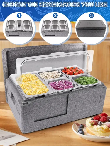 Miniatura 5 de Pizza Topping Station 7 sartenes, barra de ensalada, estación de buffet, servidor de bufé de alimentos fríos con tapas de bolsas de hielo, juego