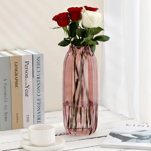Miniatura 3 de Florero grande de cristal rosa acanalado – Jarrón decorativo de piso de 12.0 pulgadas para centros de mesa del hogar y casa de campo B Estilo-rosa