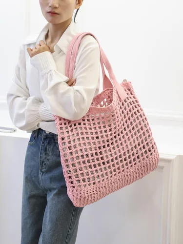 Miniatura 63 de ENBEI Bolsa de playa para mujer, diseño hueco de punto de ganchillo, elegante para la playa, viajes y uso diario