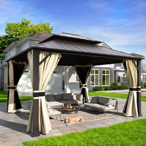 Miniatura 16 de UDPATIO Gazebo de techo rígido de 10 x 10 pies, glorieta de metal para exteriores con techo de acero galvanizado, pabellón permanente con malla