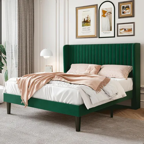 Miniatura 21 de SHA CERLIN Marco de cama de terciopelo tamaño completo con cabecera de respaldo alto con capitoné de canales verticales, cama plataforma tapizada