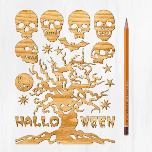 Miniatura 24 de Ajoure Fine Lasercut Embelishments # Lindas calabazas y árboles espeluznantes Halloween Vintage chapa madera contrachapada silueta para manualidades