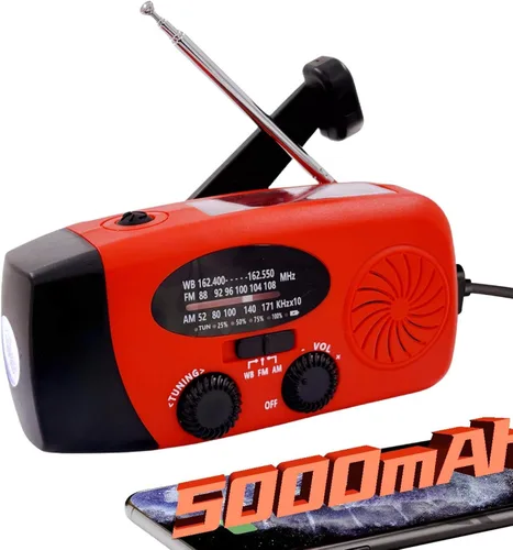Radio meteorológica de emergencia con manivela de emergencia de 18500mWh/5000mAh, radios solares iRonsnow NOAA/FM/AM, radio de supervivencia Rojo