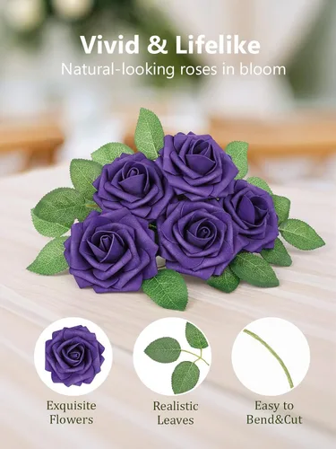 Miniatura 141 de N&T NIETING Flores artificiales, rosas artificiales de color rosa intenso, 50 piezas de flores falsas con tallo para ramos de boda DIY, centros