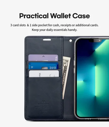 Miniatura 2 de GOOSPERY Bluemoon - Cartera compatible con iPhone 13 Pro, piel sintética de alta calidad, función de pie, soporte para tarjetas (azul marino)