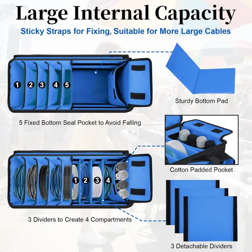 Miniatura 2 de Bolsa grande para cables de DJ con bolsillo para laptop y micrófono, bolsa de DJ para equipo y accesorios de música con divisores desmontables, Azul