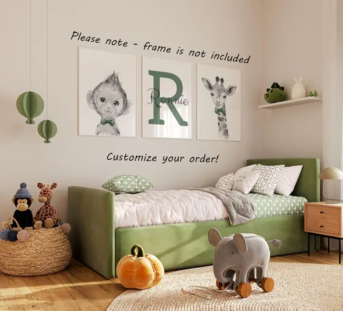 Miniatura 3 de Juego de 3 pósteres de animales de safari para niños, habitación del bebé, sin marco, con nombre personalizado, corbatín azul, verde, amarillo
