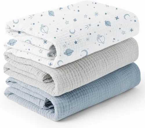 Miniatura 14 de Konssy paquete de 3 mantas de muselina para envolver al bebé unisex, manta de recepción para recién nacidos, tamaño grande 47 x 47 pulgadas, mantas