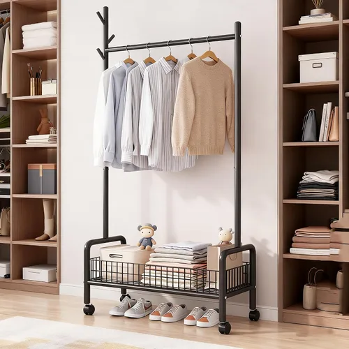 Miniatura 4 de Perchero con estantes de almacenamiento, perchero resistente con ruedas para dormitorio, sala de estar, organización de lavandería