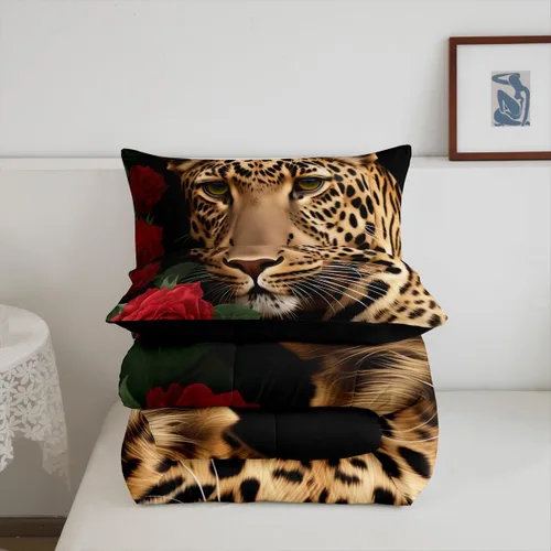 Miniatura 5 de Erosebridal Juego de ropa de cama de guepardo con rosa roja, juego de edredón con estampado de leopardo y gato, edredón romántico de plumón, Multi 03