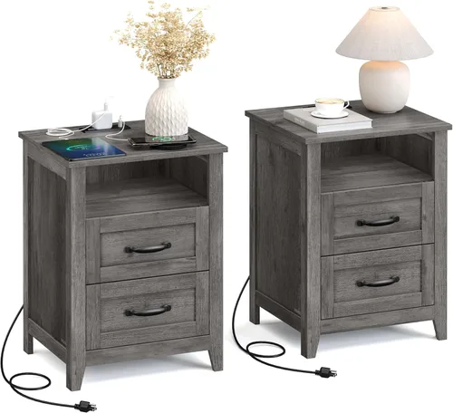 Miniatura 13 de VASAGLE Colección LIRY - Mesita de noche de estilo granja con estación de carga, mesita de noche, mesa auxiliar con 3 cajones, para dormitorio