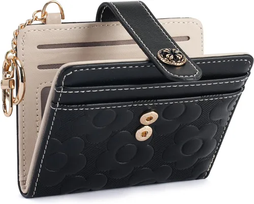 Miniatura 10 de Cartera RFID para mujer, delgada y pequeña, de piel con estampado de flores, plegable, compacta, con tarjetero y bolsillo para monedas, color marrón