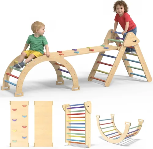 Juego de Triángulo Pikler Grande, Juguetes de Escalada para Niños Pequeños 7 en 1 para Interiores, Juego de Escalada Montessori de Madera con Arco,