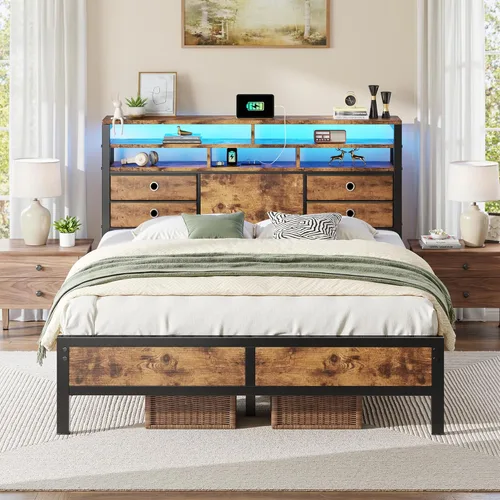 Miniatura 9 de Homkdom Base de cama de tamaño matrimonial con cabecera de almacenamiento de 3 niveles y 4 cajones, marco de cama matrimonial con luces LED