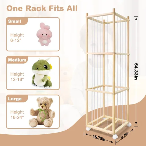 Miniatura 6 de Almacenamiento de animales de peluche, almacenamiento de zoológico de animales de peluche de madera con ruedas de freno, organizador de juguetes