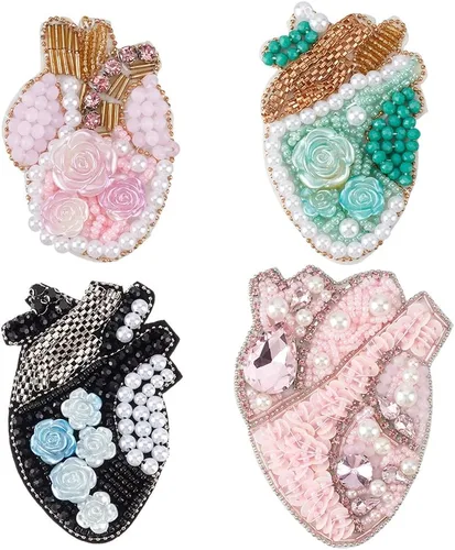 Miniatura 10 de INFUNLY 4 parches de cuentas de diamantes de imitación de ojo de corazón de 4.1 x 2.9 pulgadas, parches para coser en forma de corazón, hechos a