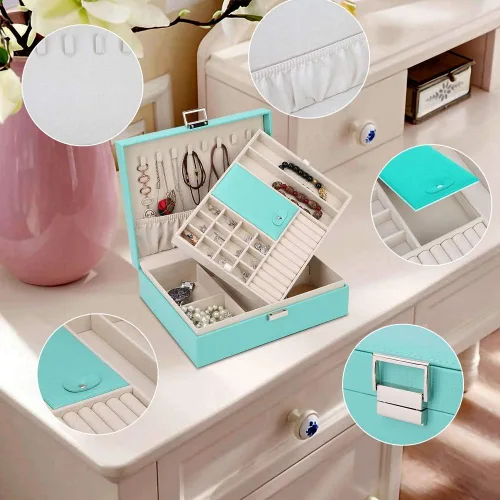 Miniatura 2 de Joyero, organizador de joyas de doble capa, organizador de almacenamiento de joyas de viaje para mujeres y niñas, regalo verde