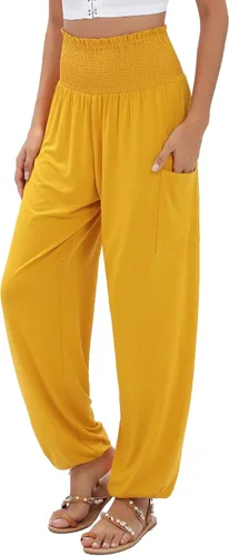 QIANXIZHAN - Pantalones deportivos de tiro alto para mujer, diseño estilo harén bohemio con bolsillos, para yoga