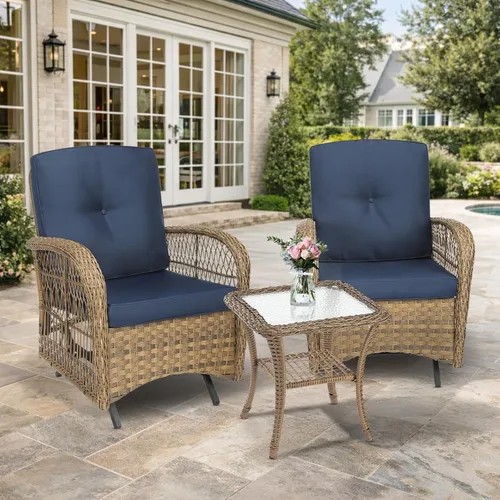 Miniatura 29 de VIVIJASON Silla mecedora de mimbre para exteriores, 2 piezas, sillas mecedoras de ratán para patio con cojines y marco de acero, muebles de mimbre