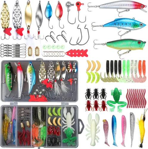 Miniatura 9 de EXAURAFELIS Juego de señuelos de pesca, kit de señuelos para lubina, trucha, salmón, agua dulce, equipo de aparejos de pescado, incluye cuchara