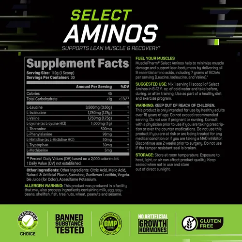 Miniatura 3 de MusclePharm Select Amino's Amino's EAA + BCAAs, polvo de aminoácidos esenciales después del entrenamiento, suplemento energético preentrenamiento