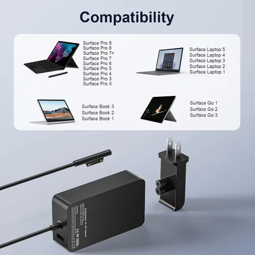 Miniatura 4 de 65W Microsoft Surface Charger Pro/Laptop/Book/Go Replacement AC Adapter Fits Surface Pro1-11, Laptop1-7, Book1-3, Go1-3, 65W works with 44W/36W