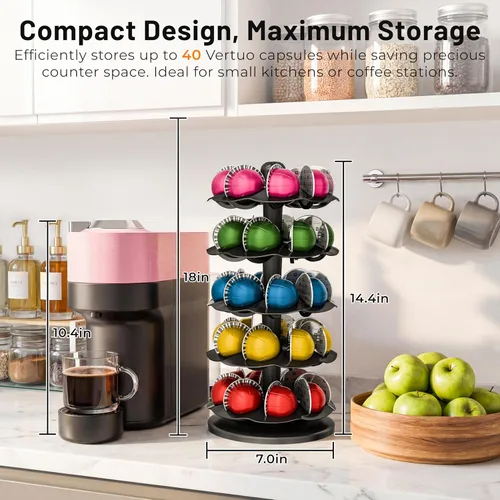 Miniatura 2 de EVERIE Organizador giratorio de cápsulas de café para carrusel compatible con 40 cápsulas Nespresso Vertuoline (negro)