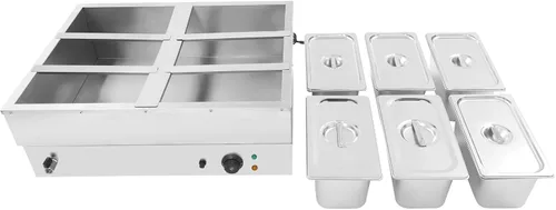 Miniatura 5 de Calentador de alimentos comercial de 6 bandejas, mesa de vapor eléctrica de 850 W, 3.2 cuartos de galón, encimera de buffet Bain Marie de acero