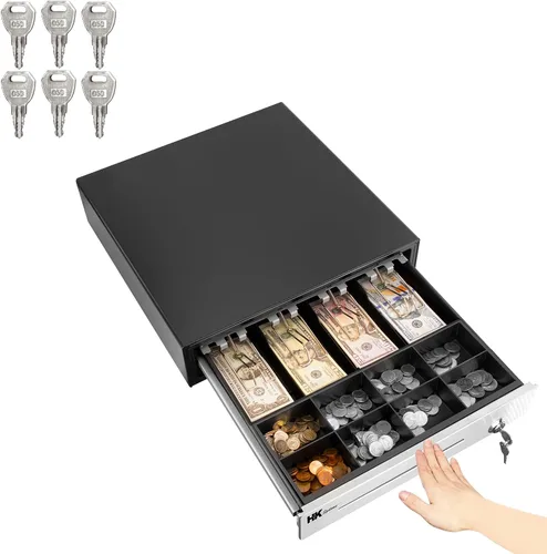 Miniatura 9 de HK SYSTEMS 16" "acero inoxidable" frontal resistente negro POS Cajón de efectivo con 4Bill/8Coin "acero inoxidable" para Canadá