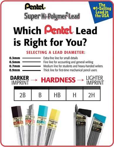 Miniatura 7 de Pentel Super Hi-Polymer HB - Paquete de recambio de plomo de 0.020 in, 6 paquetes de 30 minas y 3 paquetes de 4 borradores blancos sin látex