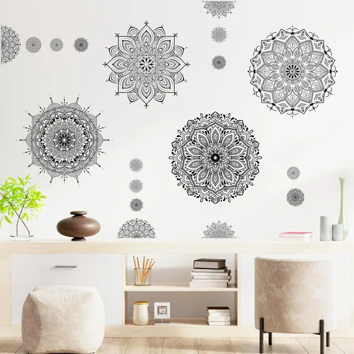 Miniatura 7 de Kazova 20 calcomanías de pared de mandala grande, 20 unidades, 2 hojas, color negro, calcomanías de mandala boho para dormitorio, sala de estar