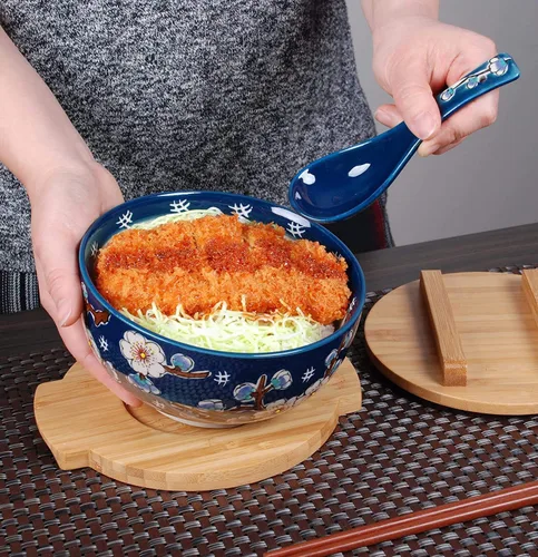 Miniatura 2 de Happy Sales HSKM-CHRYB8, juego de tazón para ramen, fideos de arroz estilo vintage japonés Kamameshi con tapa de bambú, esterilla, palillos