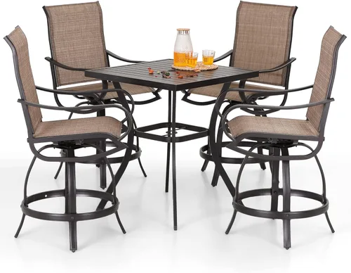 Miniatura 10 de PHI VILLA Juego de 2 taburetes de bar giratorios para exteriores, sillas de patio de altura de mostrador con tela textil impermeable, marrón, marco