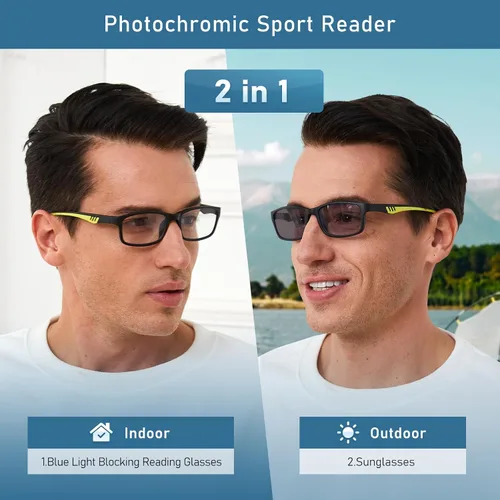 Miniatura 4 de LKEYE Gafas de Lectura Deportivas para Hombre con Lentes Fotocromáticas, Bloqueo de Luz Azul, para Computadora, Estilo Ancho, Bisagra de Resorte