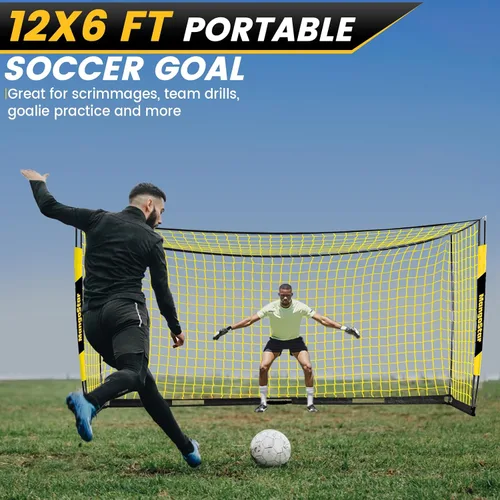 Miniatura 4 de MangoStar Portería de fútbol, 3,7 x 1,8 m con base metálica plegable, red de fútbol portátil para patio trasero, fácil de montar, red de fútbol