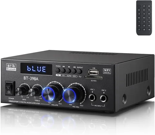 Facmogu BT-398A Amplificador de audio digital estéreo, sistema amplificador de potencia de sonido HiFi Max 450Wx2, amplificador receptor de 2.0