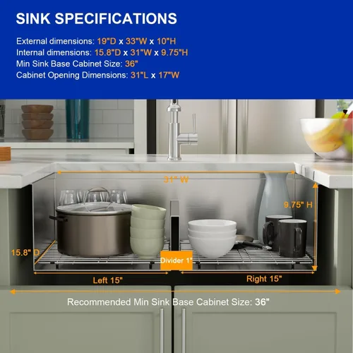 Miniatura 6 de Dcolora DC-U-1111 - Fregadero de cocina de 33 pulgadas con doble tazón, estación de trabajo de acero inoxidable 50/50 dividida baja dividida calibre